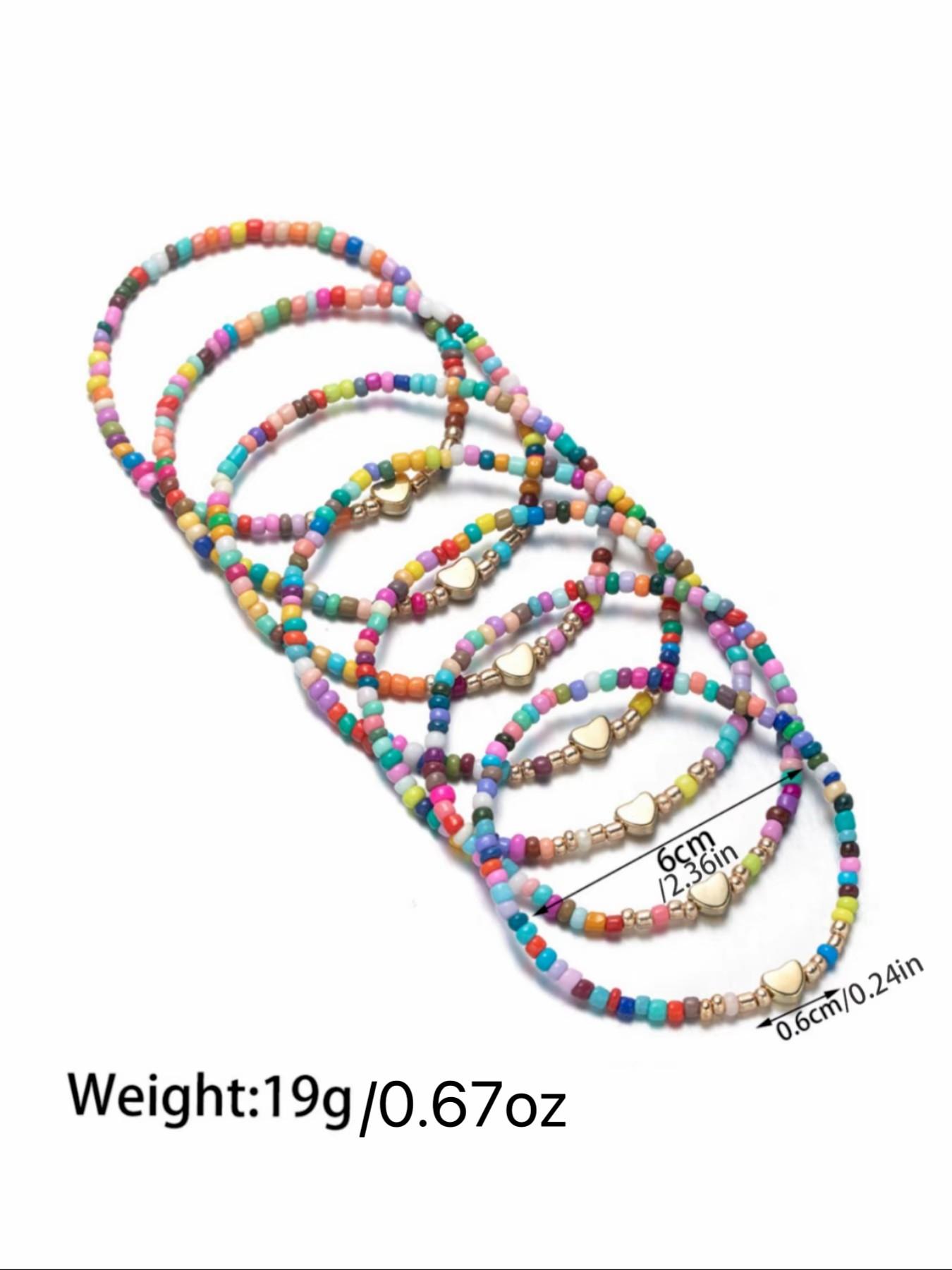 Colorful Rainbow Beaded Bracelet Set with Gold Heart Charm | Y2K Aesthetic Stackable Bracelets for Women | Summer Beach Friendship Jewelry Gift