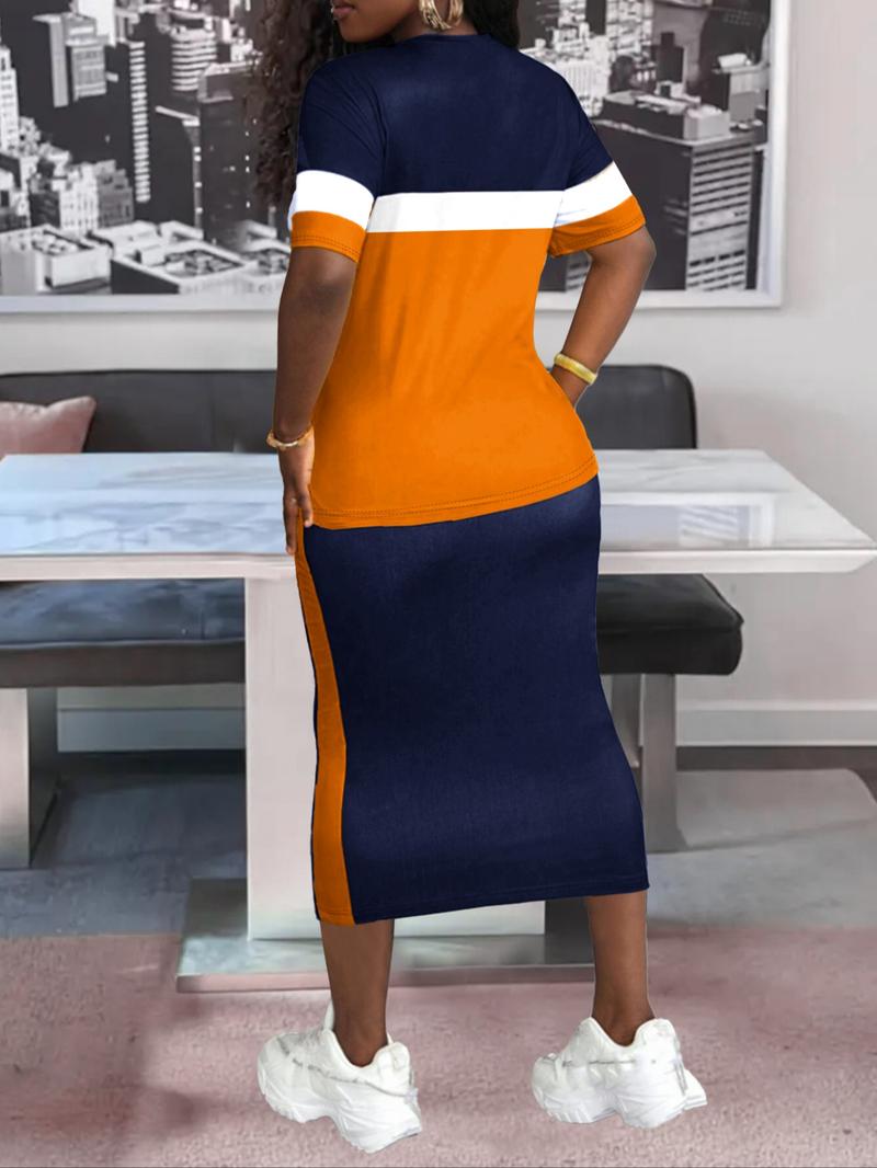 Women's Colorblock Print Two-piece Set, Casual Fashion Cozy Round Neck Tee & Skirt for Daily Outdoor Wear, Women Clothing for Spring Fall, Casual Matching Set