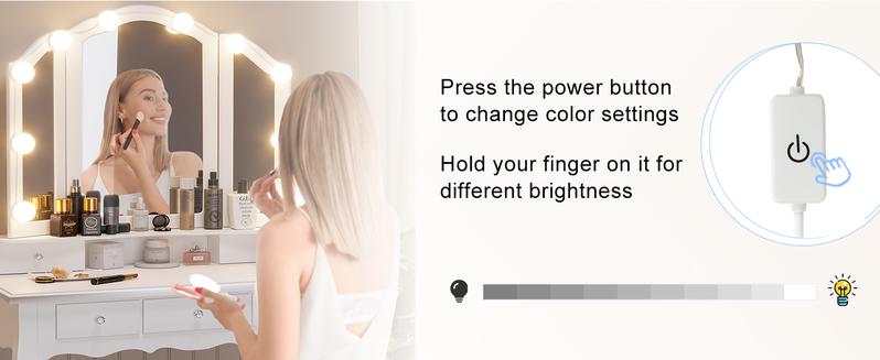 Sikaic Makeup Vanity with Lighted Mirror and Stool, Vanity Table Set with 5 Drawers, 3 Light Settings, White Furniture Bedroom