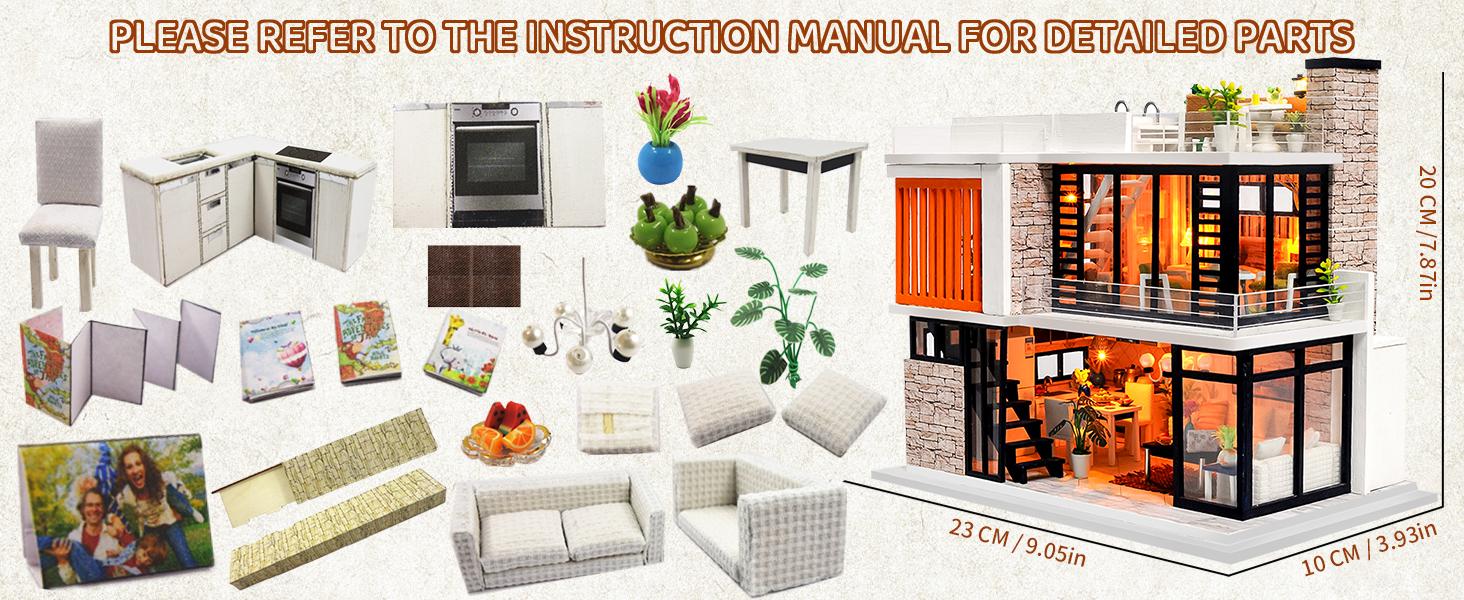 Spilay Laser Cut DIY Wooden Miniature Dollhouse Kit for Adults, Crafting Handcraft Mini-Architecture Building Block Toy with Warm Light, Music Box, Detailed Furniture & Bookshelf Decor Gift Option