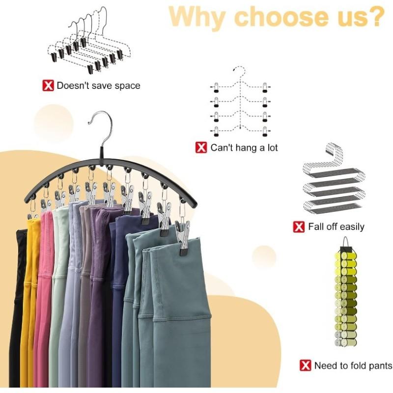 2-Pack: Curved Metal Yoga Pants Hangers With Clips, Curved Shape Hanger — Space-Saving Wardrobe Organizers, Featuring a Curved Design and Multi-Colored Stainless Steel Clips, These Hangers Are Windproof and Non-Slip — Each Pants Rack Includes 10 Clips