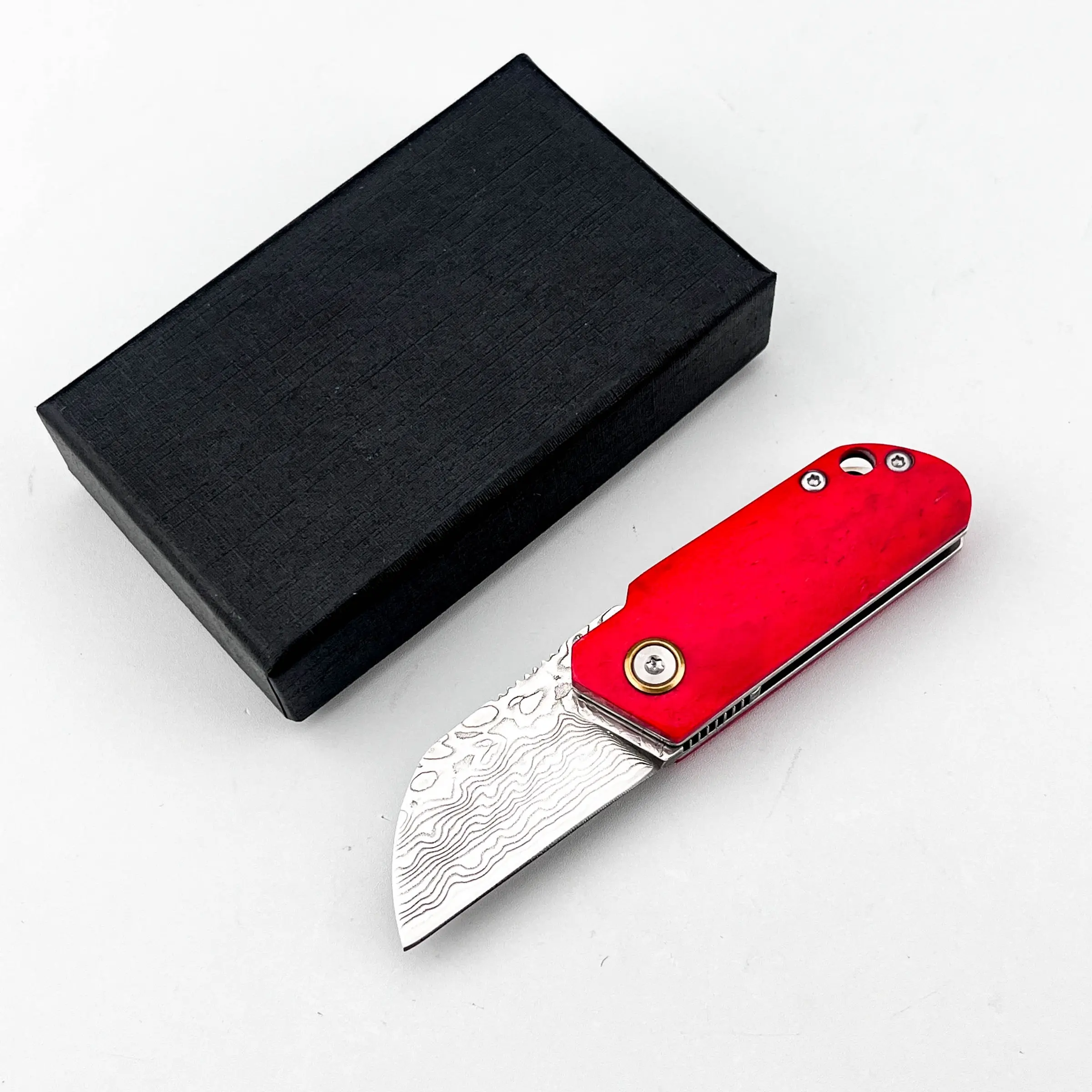 Mini Damascus folding knife, Portable knives, ultra-small and portable, handcrafted Damascus steel blade, dyed cow bone handle, with a hanging rope, practical tool for daily carry-on EDC, outdoor camping and hiking