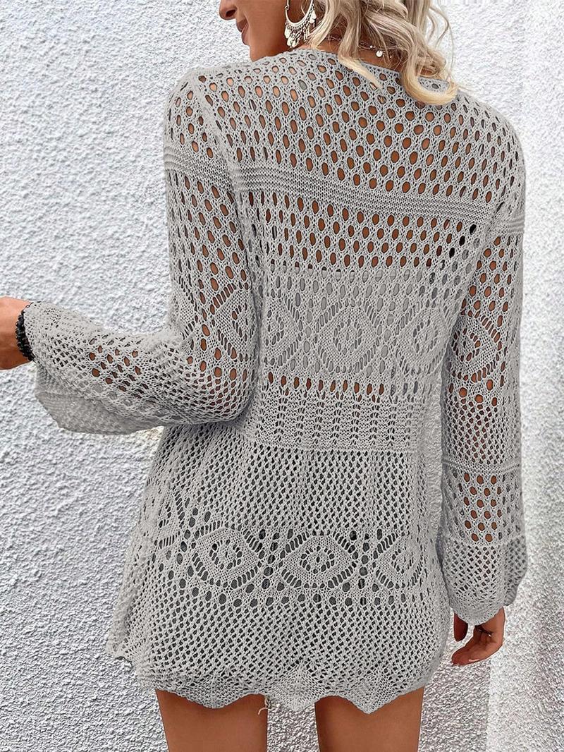 Women's Solid Color Hollow Out Crochet Cardigan, Lady Casual Long Sleeve Tie Front Knitwear for Summer, Fashion Women's Knit Clothing for Beach Vacation, Womenswear, Cardigan Sweater, Longsleeves Clothes for Women, Relaxed Fit Cardigan