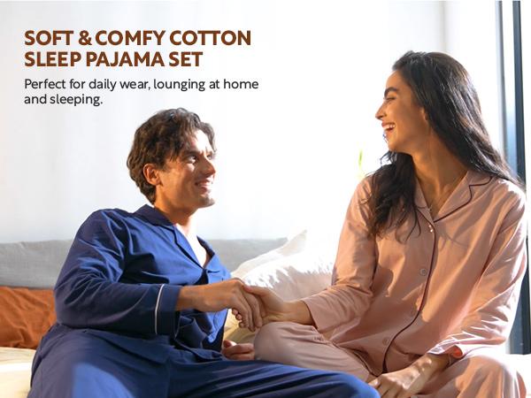 David Archy Couple Cotton Sleepwear Button-Down Pajamas Set for Gifts - Matching Comfort Loungewear with Pockets & Front Fly
