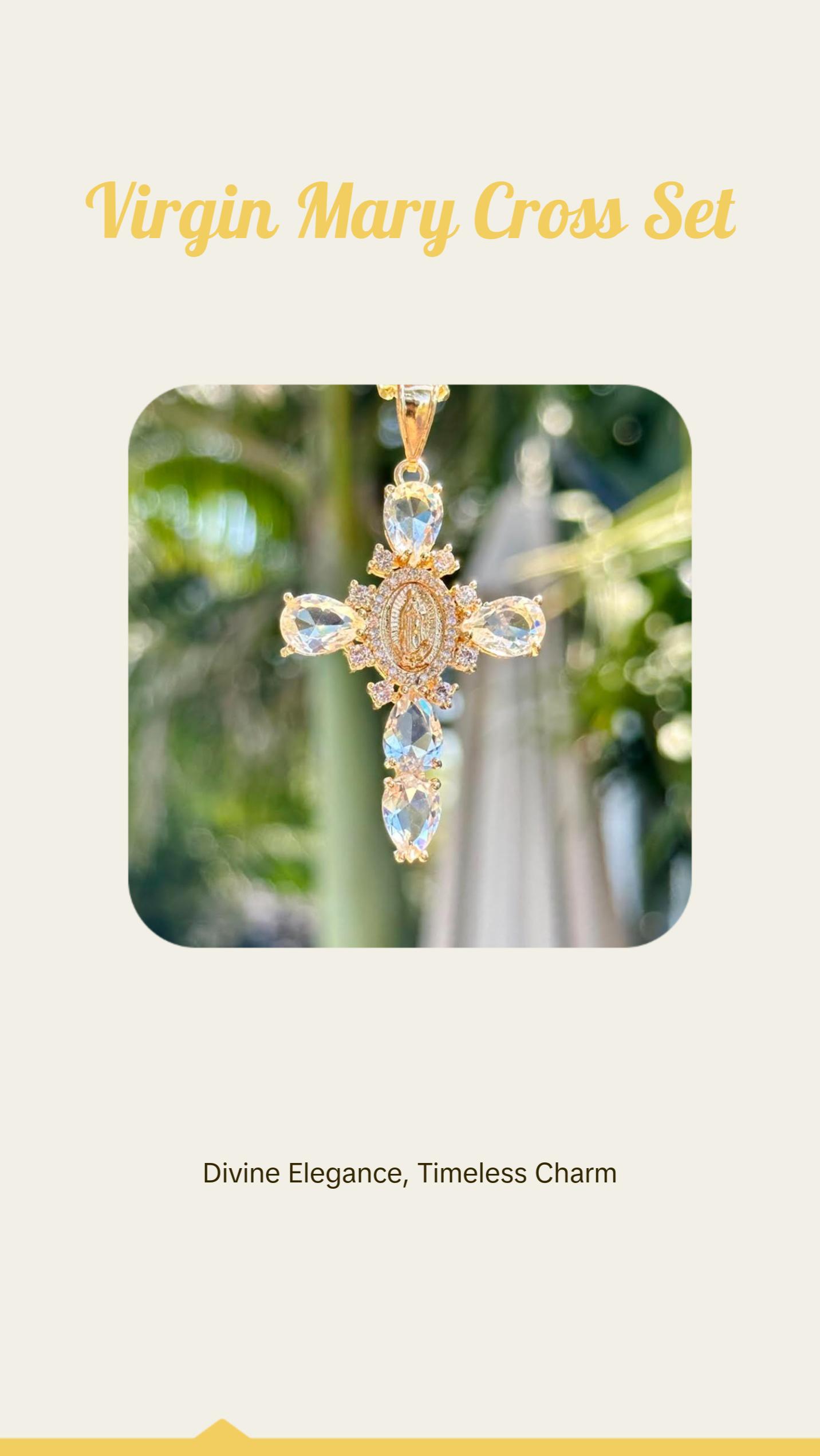 Our Lady of Guadalupe Cross Pendant NecklaceTeardrop Crystal Religious Jewelry. A golden cross adorned with a delicate image of the Virgin Mary, surrounded by sparkling teardrop-shaped crystals, available in purple/pink/transparent colors