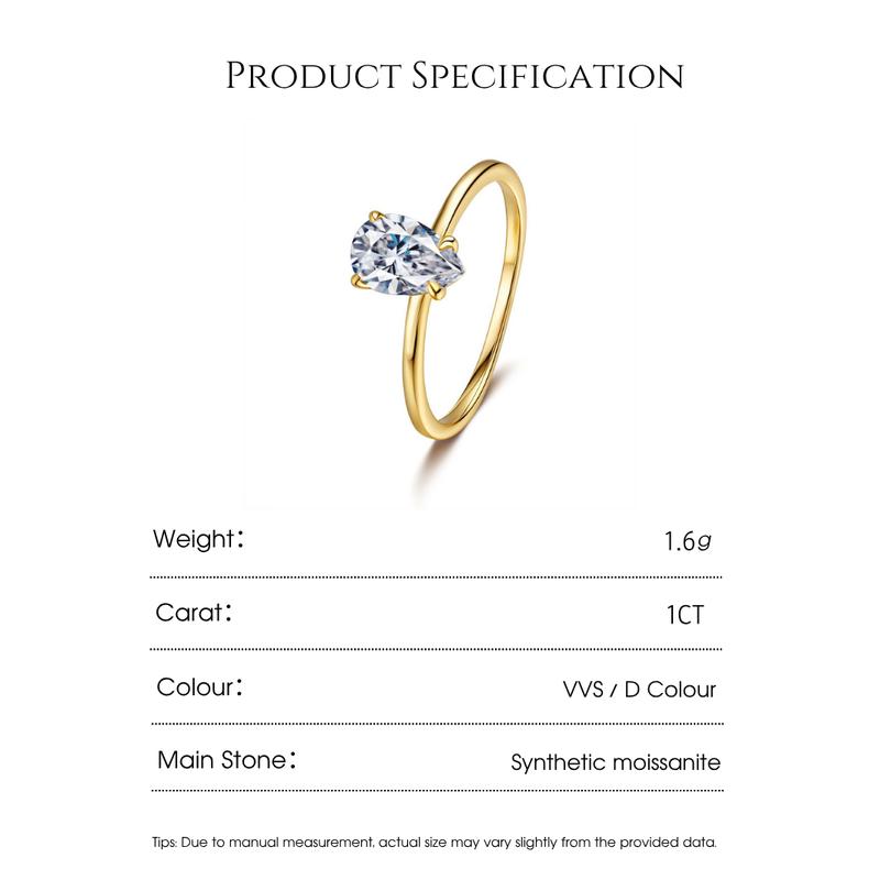 DRINSPER S925 Pear-Cut Solitaire 1.0ct Synthetic Moissanite Sterling Silver Ring for Women Girls Minimalist Elegant Style Suitable for Daily Wearing Engagement Wedding Gift for Girlfriend Mom