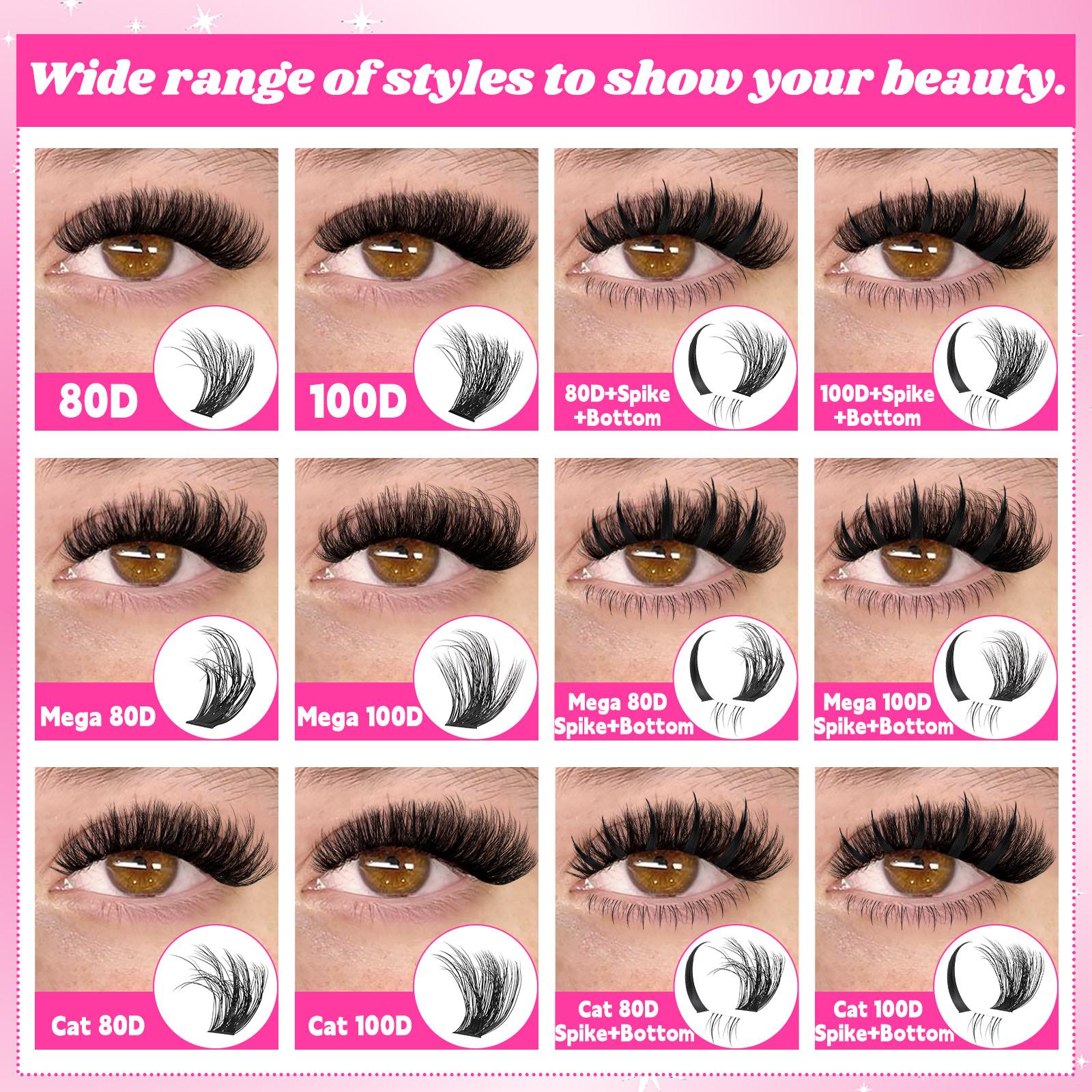 LASH SKYQD Mix Lashes Clusters Kit Gift Packs 1464Pcs With Bond&Seal Remover Tweezers Eyelash Curler Lash Brush,Bottom/Spike/Mega/Cat Lashes 3D Effect False Eyelash DIY Individual Clusters Lash Kit Perfect for Beginners & Proficient, Eyelash Extension Kit