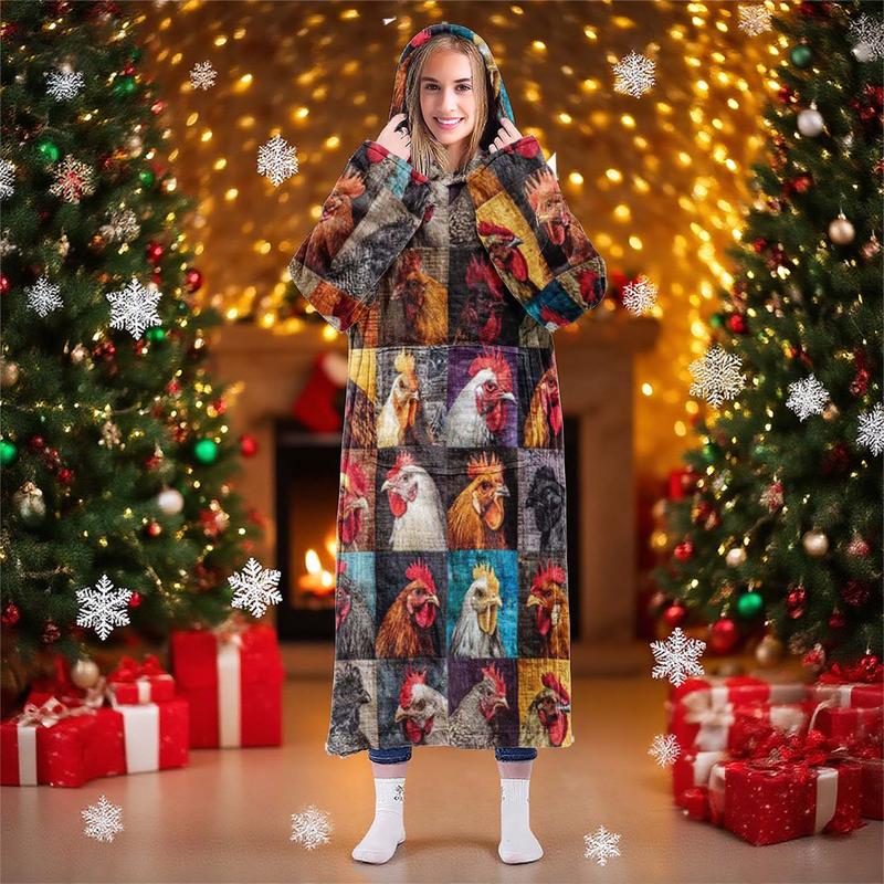 hoodie blanket，Wearable Blanket，Hooded Blanket Wearable Throw, Farm Patchwork Rooster Print Hoodie Blanket, Soft Warm Flannel Blanket for Sofa Home Leisure Air Conditioning Nap Office Bed Camping Travel Gift，Christmas Gift,Valentine's Day gift