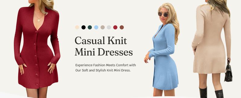 Wenrine Winterfashion Women's Deep V Neck Sweater Dress Sexy Knit Button Down Long Sleeve A Line Fall Mini Dresses Casual Ruffle Basic Womenswear