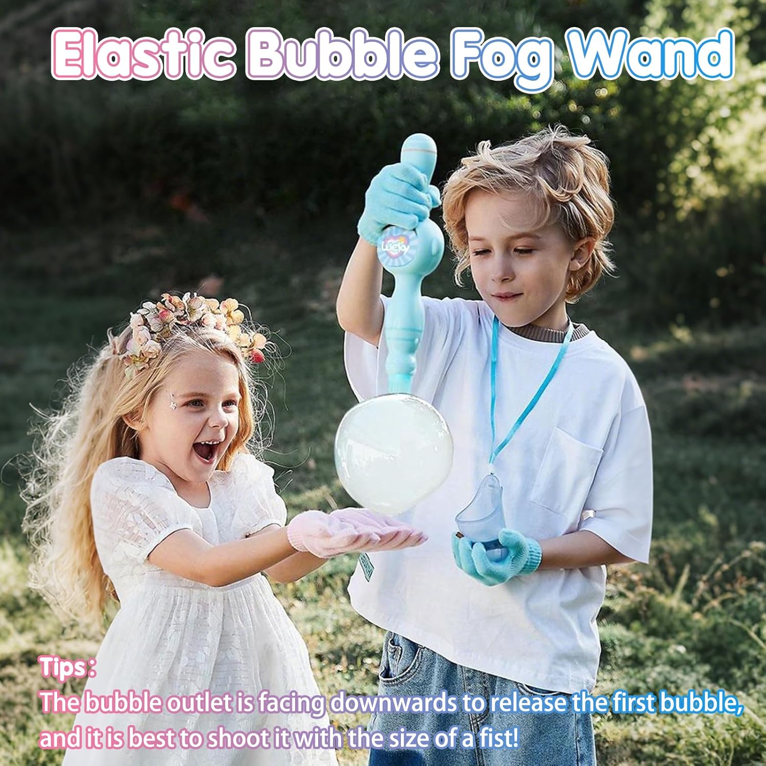 Fog Bubble Machine Rechargeable Automatic Electric Smoke Bubble Machine Magic Smoke Bubble Maker Colorful Lights Music Elastic Bubble Fog Wand Magic Interactive Fog Bubble Maker for Kids Parties Beaches Summer Easter Basket Stuffers with a 70ml Bubble So