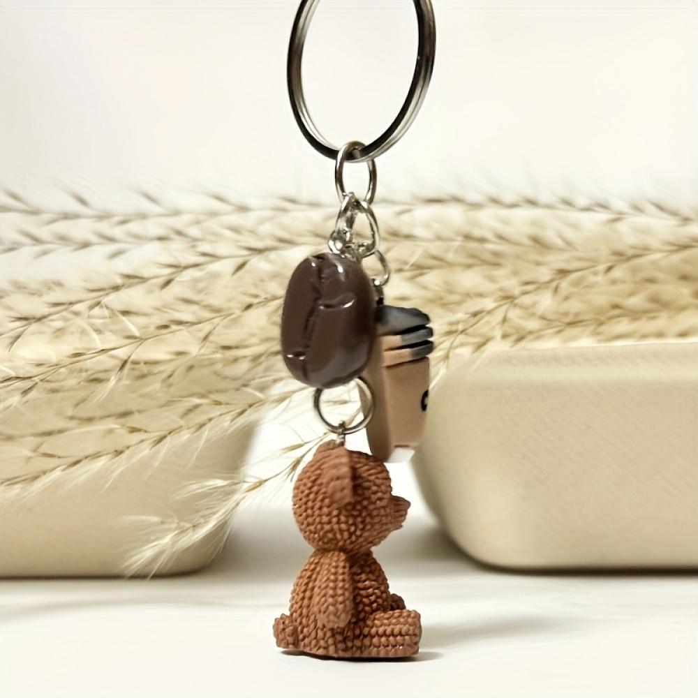 1 Cute Teddy Bear Coffee Charm Keychain - Brown (Coffee Bean Colored), with Metal Ring Closure - Birthday and Coffee Lover Gift, Party Small Gift, Bag and Notebook Decoration - Ladies' Fashion Accessory, Fun Design, Durable Metal Ring