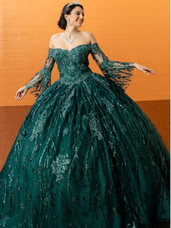 NO.43  Quinceañera Dress Off The Shoulder Bell Sleeves Green Blush Sparkle Tulle Ball Gown Dress