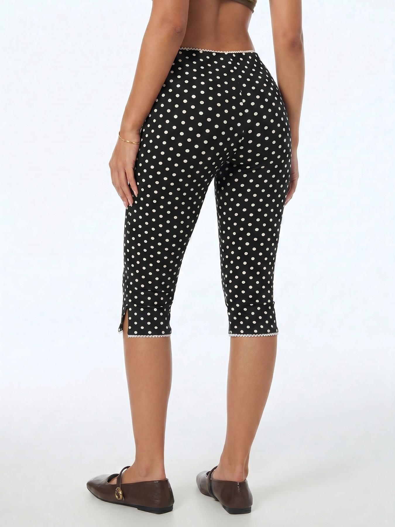 Women's Black White Polka Dot Lace Hem Capri Pants 2026 Y2K Retro High Waisted Slim Fit Casual Streetwear Summer Daily Trendy Going Out Stylish Bottoms Viral TikTok Fashion Essential