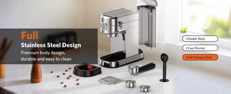 COWSAR 20 Bar Espresso Machine, Professional Espresso Maker with Milk Frother Steam Wand, Compact Stainless Steel Coffee Machine with 40.5oz Removable Water Tank for Cappuccino, Latte