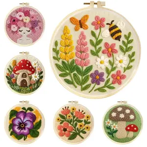 DIY Punch Needle Kits Mushroom Flowers Easy Punch Needle Embroidery Set for Beginners with Hoop Stamped Pattern for Craft Home D