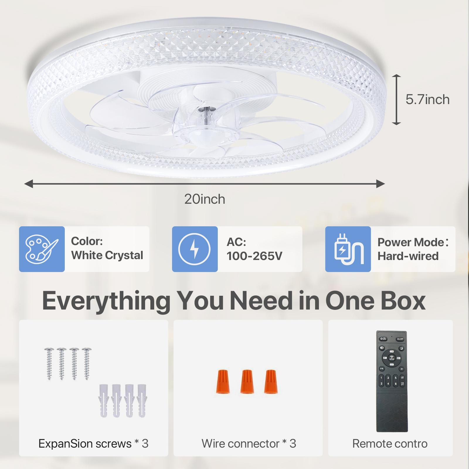 GALENTAL DiamantesSmart Ceiling Fan with Light, 6-Speed Reversible DC Motor, APP/Remote Control, Timer & Stepless Dimming, 3 Color Temperatures (3000K-6500K), 20"-White Crystal for Bedroom, Living Room, Study