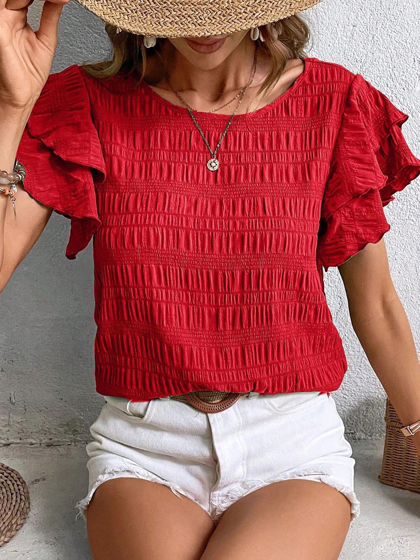 A women's solid color double-layer ruffled sleeve round neck elegant Casual pullover T-shirt Top, suitable for summer, daily commuting, and home wear, Womenswear