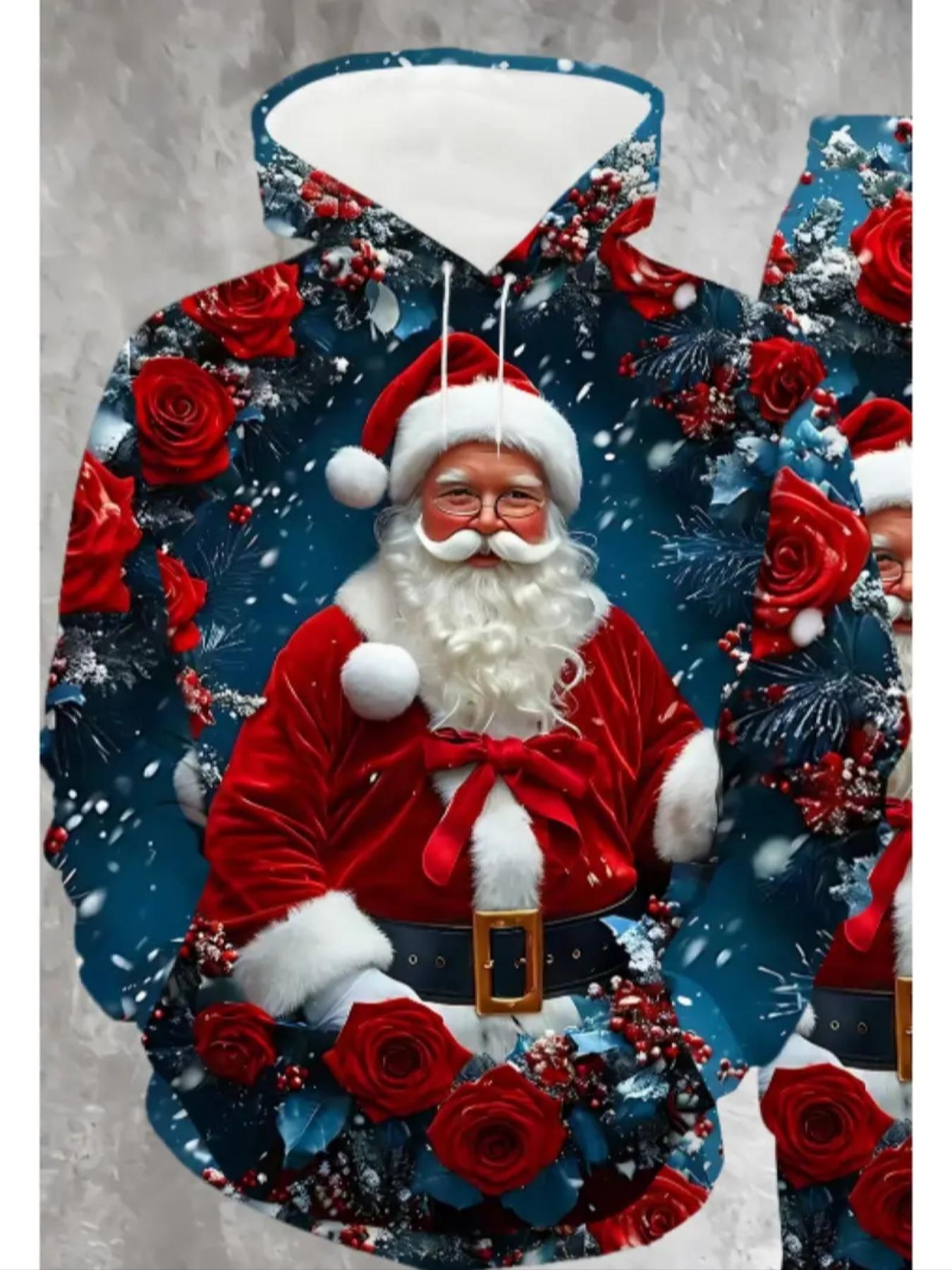 Christmas Santa Claus 3D Print Hoodie Set, Outfit, Rose Design, Fitted Long Sleeve, Comfortable Fit, Holiday, Fall & Winter
