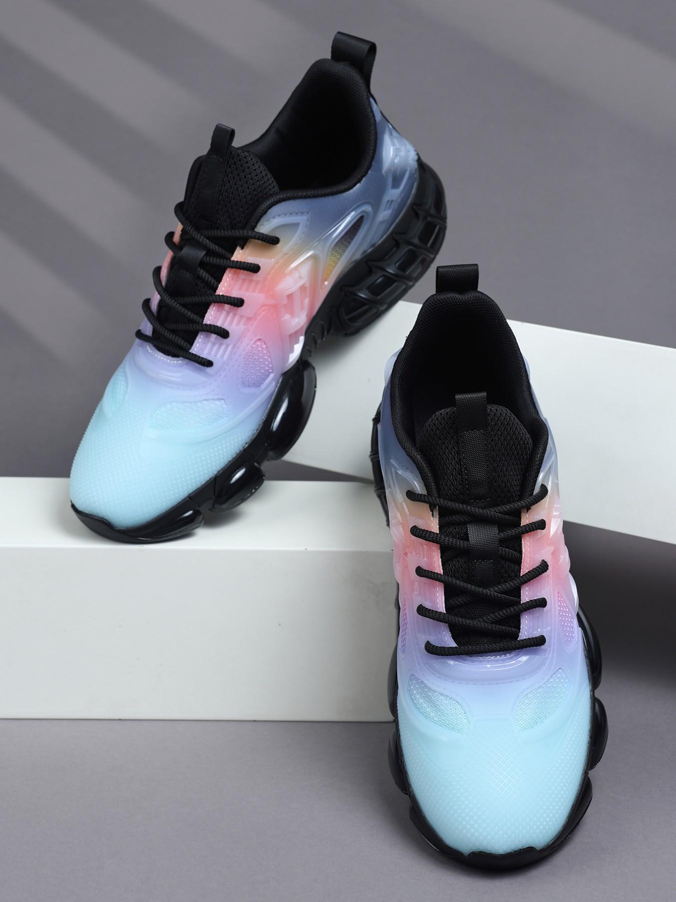 Men's Gradient Future-Style Thick Sole Running Shoes, Breathable Mesh, Semi-Transparent Geometric Overlay, Bubble Cushioning, Sporty Style