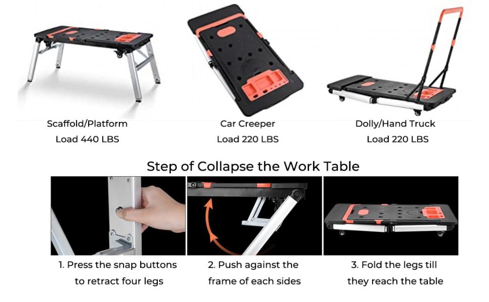 Multifunctional Folding Work Table,7-in-1 Design for Garage Use as a Portable Workbench, Sawhorse, Scaffold, Platform, Car Creeper, Dolly, and Hand Truck, Featuring 4 Wheels,Father'sDayGift Multifunctional Folding Work Table,7-in-1 Design for Garage Use as a Portable Workbench, Sawhorse, Scaffold, Platform, Car Creeper, Dolly, and Hand Truck, Featuring 4 Wheels,Father'sDayGift