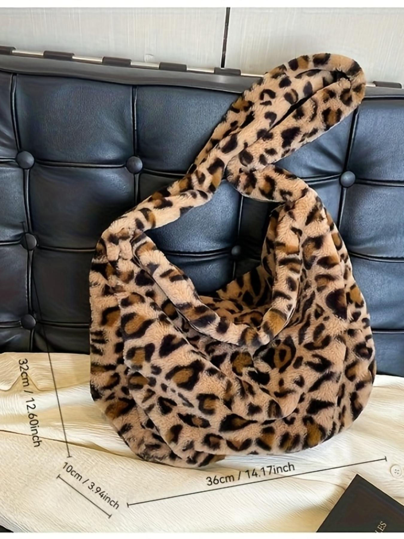 Women's Plush Colorblock Handbag, Trendy Shoulder Crossbody Bag, Leopard Print, Street Fashion Medium Soft Zipper Purse