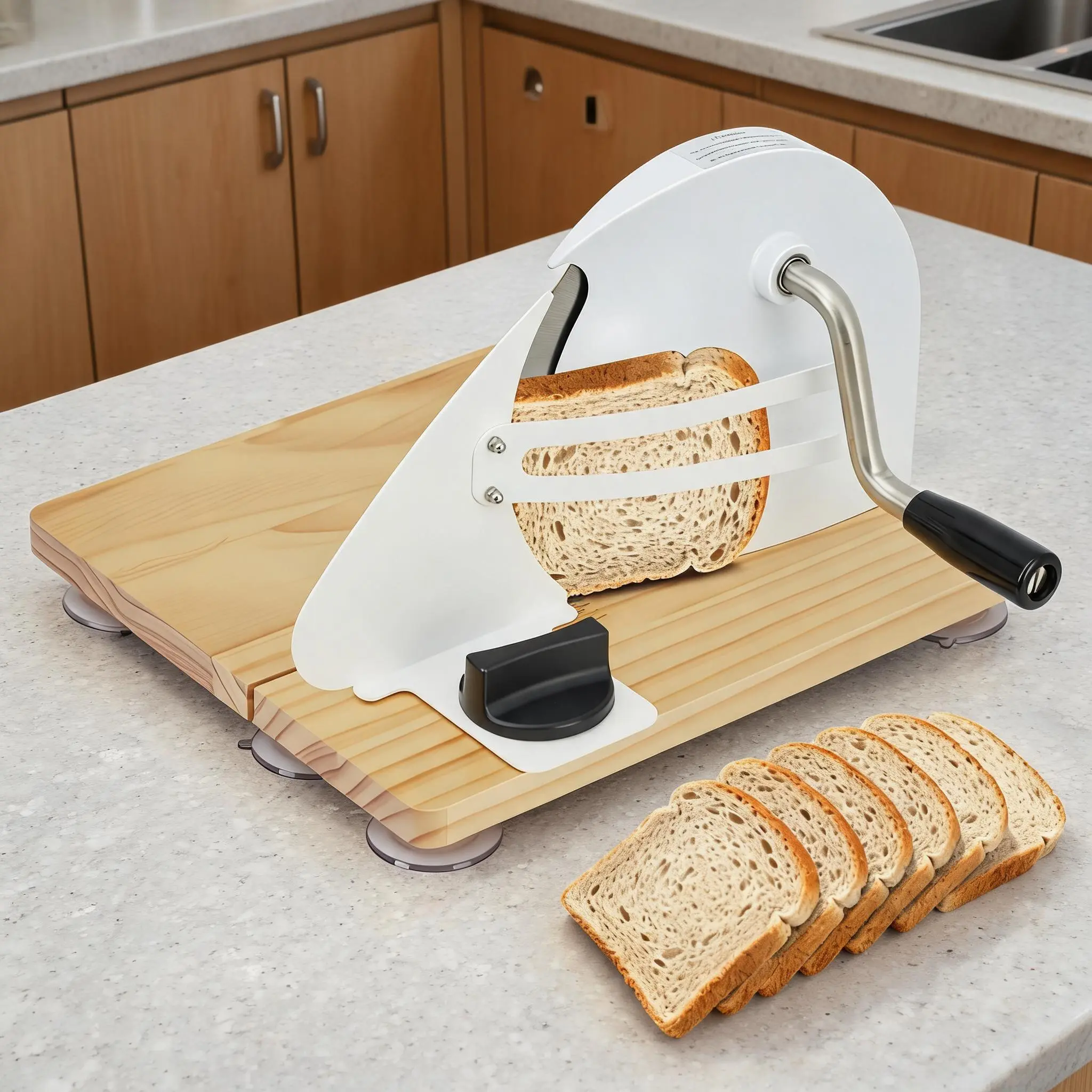 Foldable Hand Crank Bread Slicer with Smooth Stainless Blade & Board, Adjustable Thickness Manual Cutter, Wooden-Metallic Stabilizing Guide, Space-Saving Collapsible Durable Tool for Homemade Bread Kitchen Baking, Black