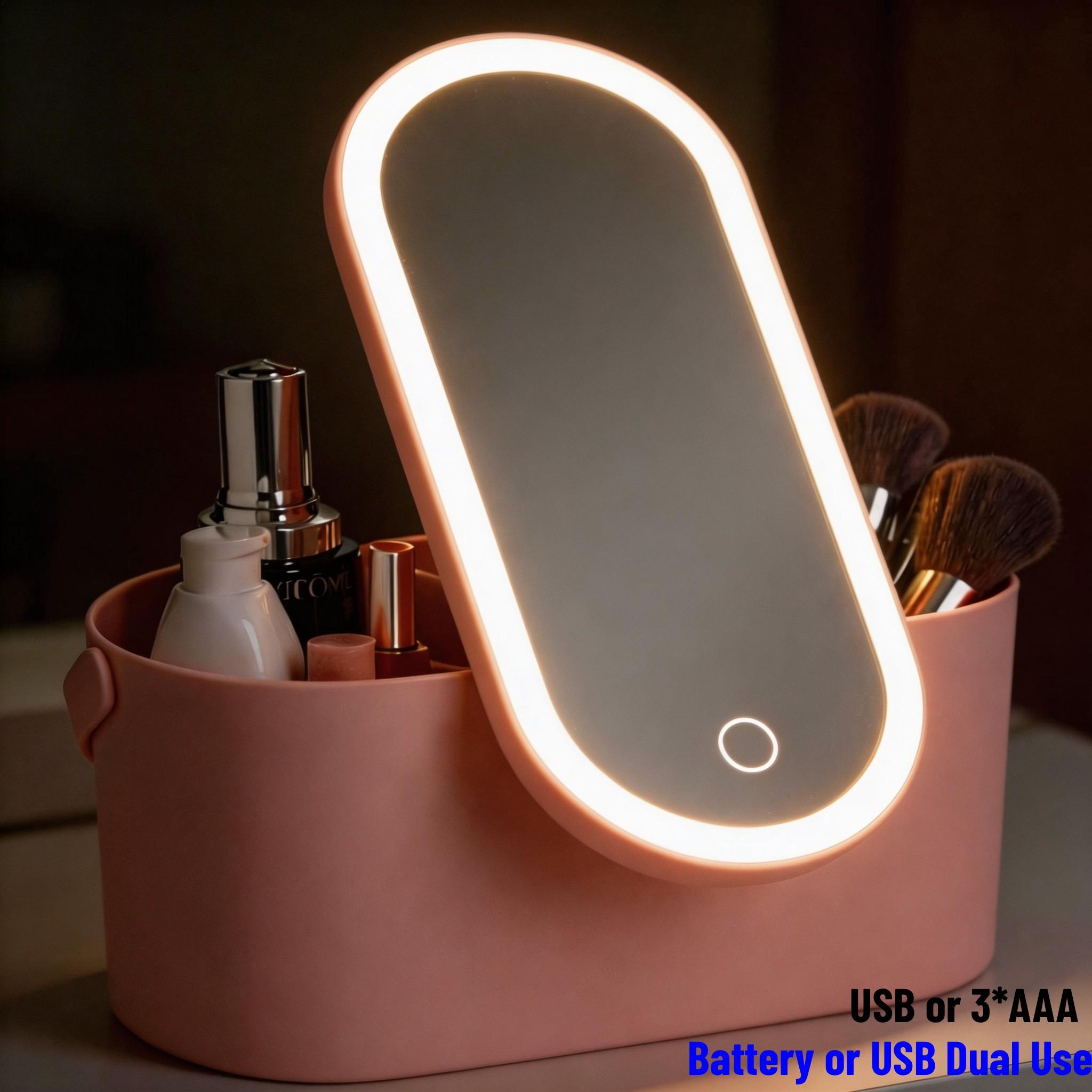 Cosmetic Organizer Box with LED Makeup Mirror, Portable Travel Light-Up Mirror, Multi-Functional Mobile Makeup Station