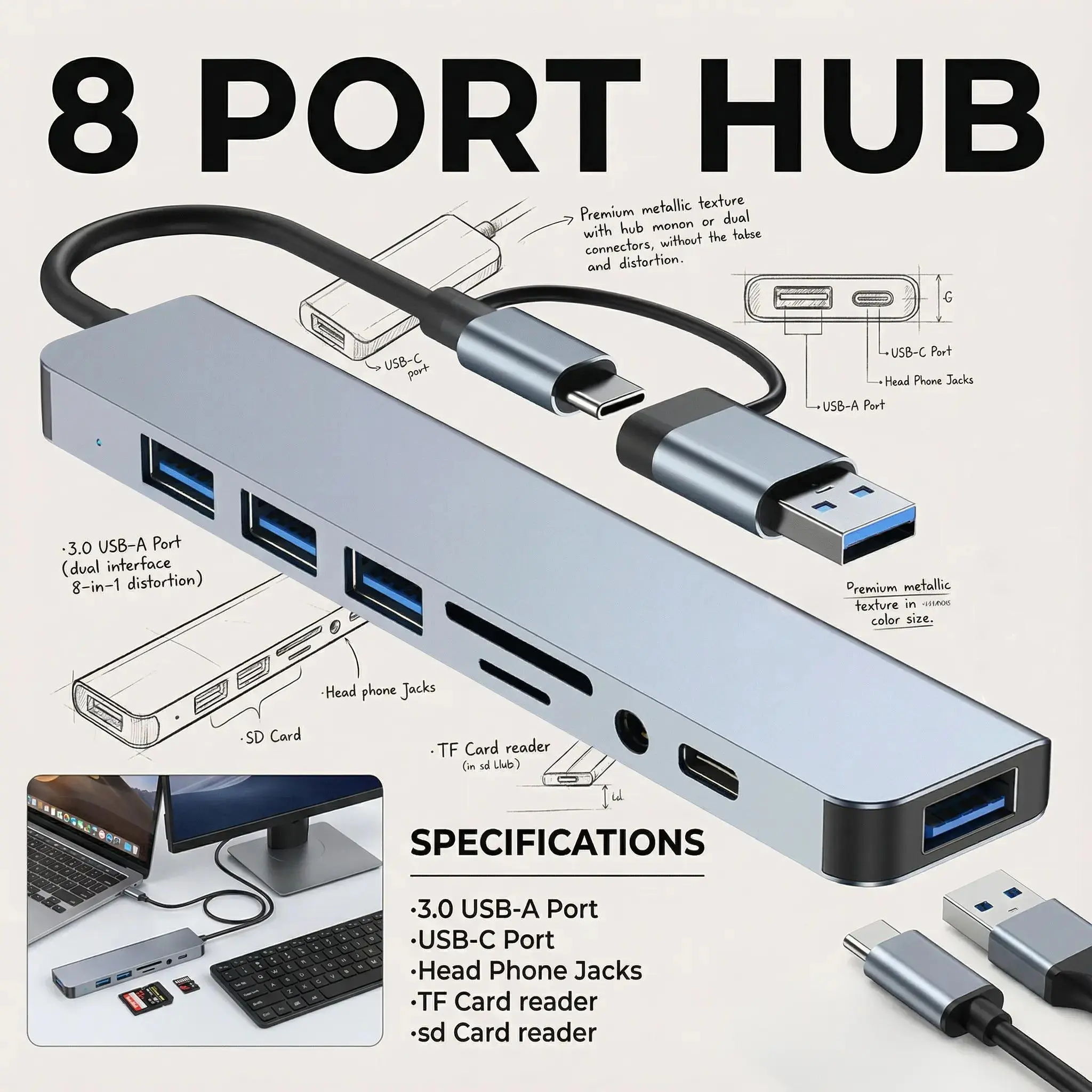 Dual USB A/C Input Dongle Revodok Docking Station 10 in 1 Extender USB C Hub Type C to PD Data Ports TypeC Multiport Adapter, 4USB Ports TF/SD Card Reader 3.5mm Audio Jack C Port for iPhone/Samsung/Macbook Air Pro/iPad Pro/XPS Computer Camera data transfe