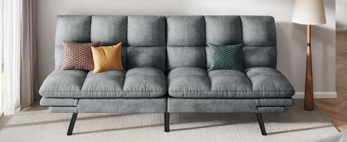 DWVO 70″ Convertible Futon Sofa Bed, Cat-Scratch-Proof Fabric Futon Couch with Adjustable Backrest and Armrest, Modern Loveseat Sleeper for Living Room Home Office, Dark Grey