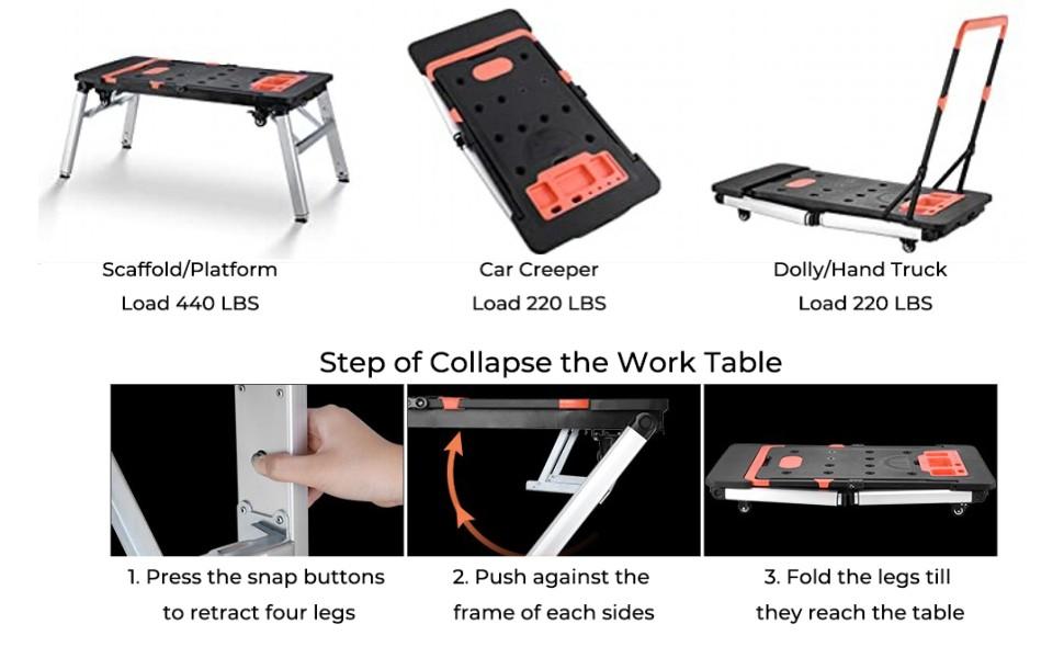 Multifunctional Folding Work Table,7-in-1 Design for Garage Use as a Portable Workbench, Sawhorse, Scaffold, Platform, Car Creeper, Dolly, and Hand Truck, Featuring 4 Wheels,Father'sDayGift Multifunctional Folding Work Table,7-in-1 Design for Garage Use as a Portable Workbench, Sawhorse, Scaffold, Platform, Car Creeper, Dolly, and Hand Truck, Featuring 4 Wheels,Father'sDayGift