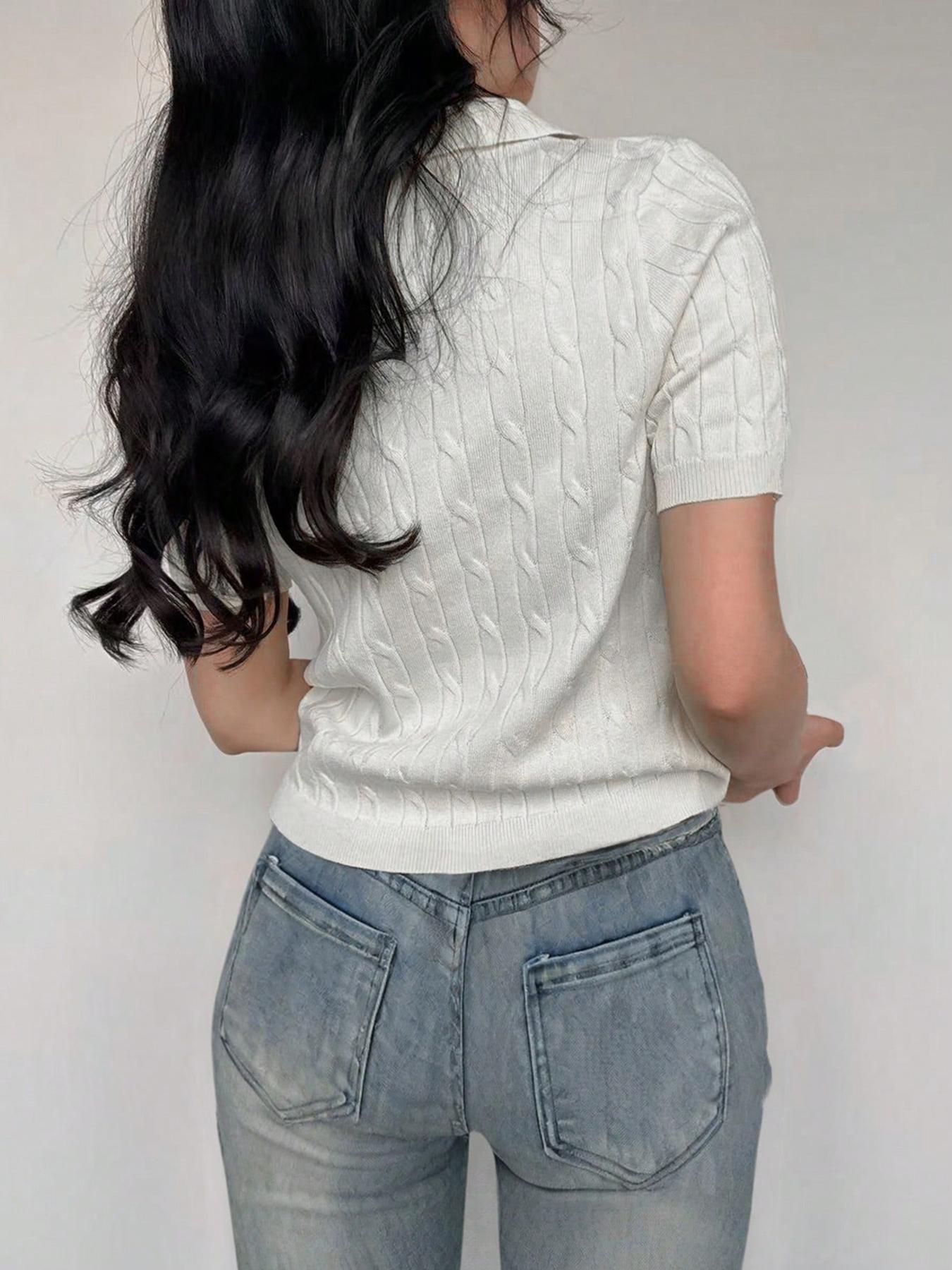 Women's Plain Cable Knit Sweater Pullover, Casual Short Sleeve Collared Jumper for Spring, Fashion Women's Knitwear for Daily Wear