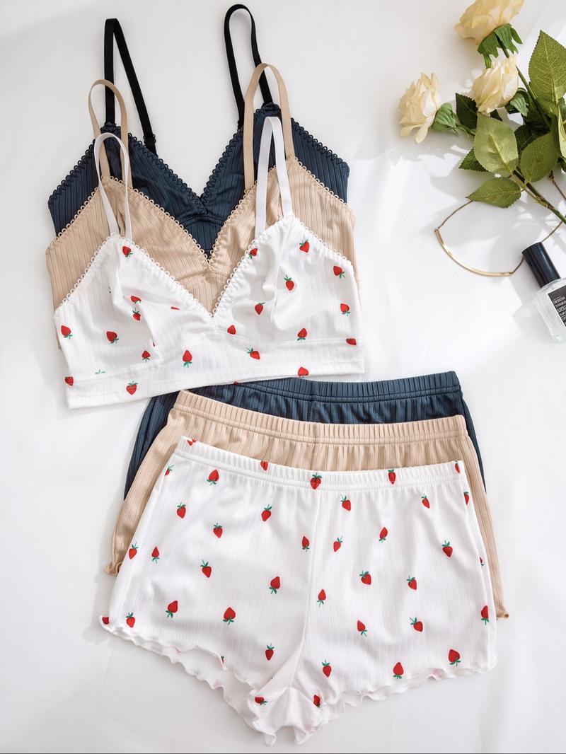 Women's Wireless Bra & Lettuce Trim Shorts Underwear Set, Summer Outfits 2024, Adjustable Strap Bra & Elastic Waist Shorts, Soft Comfy Breathable Underwear Set for Women