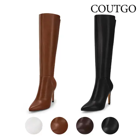 Coutgo Women's Basic Classy Heels - Above the Ankle But Below the Knee Faux Leather Stiletto Dress Boots, Secure Zip Closure, Breathable Lightweight Minimalist Shoes for Women, Plain Synthetic Rubber All-Season Footwear