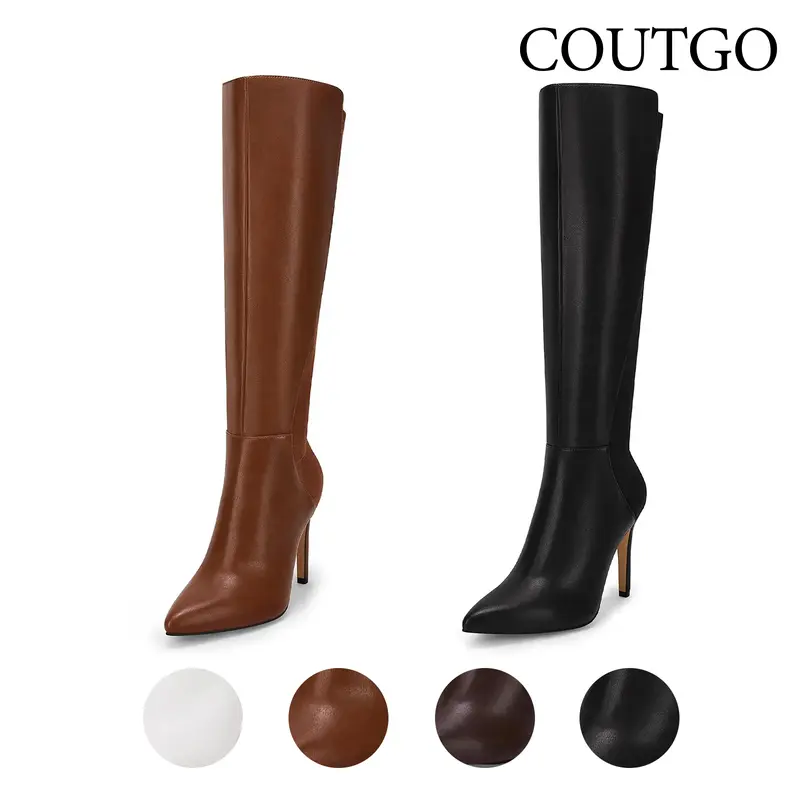 Coutgo Women's Basic Classy Heels - Above the Ankle But Below the Knee Faux Leather Stiletto Dress Boots, Secure Zip Closure, Breathable Lightweight Minimalist Shoes for Women, Plain Synthetic Rubber All-Season Footwear