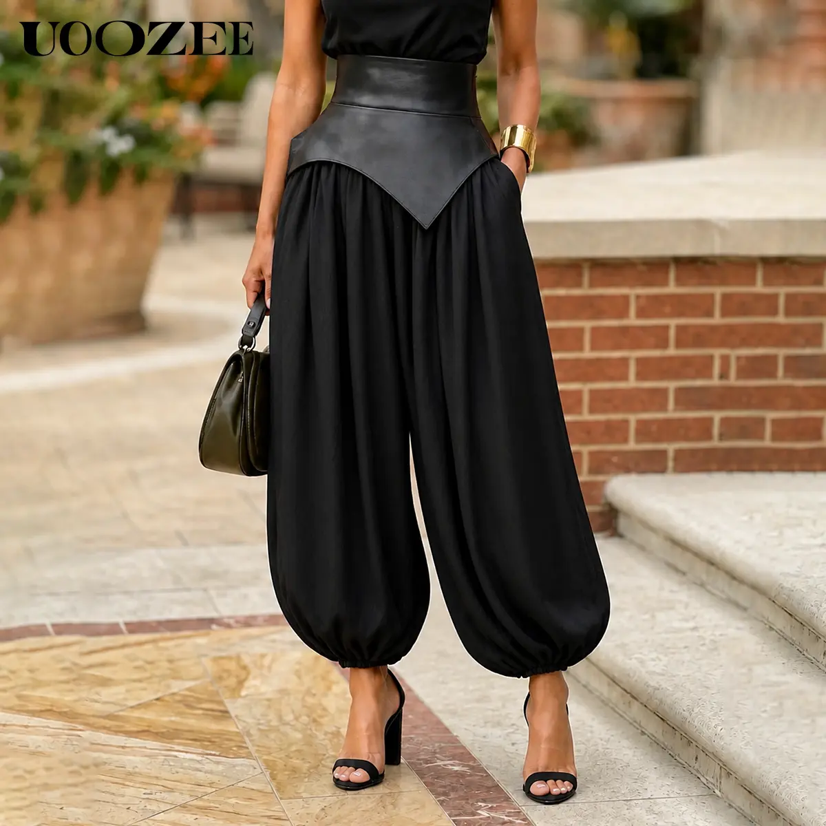 UOOZEE Women Minimalist High Waist Harem Balloon Pants, Summer to Fall Transition with Removable Faux Leather Corset Waistband Trousers, High Waist Loose Casual Pants with Pockets, Rayon Blend Loose Trousers, Four Season Wear Pants