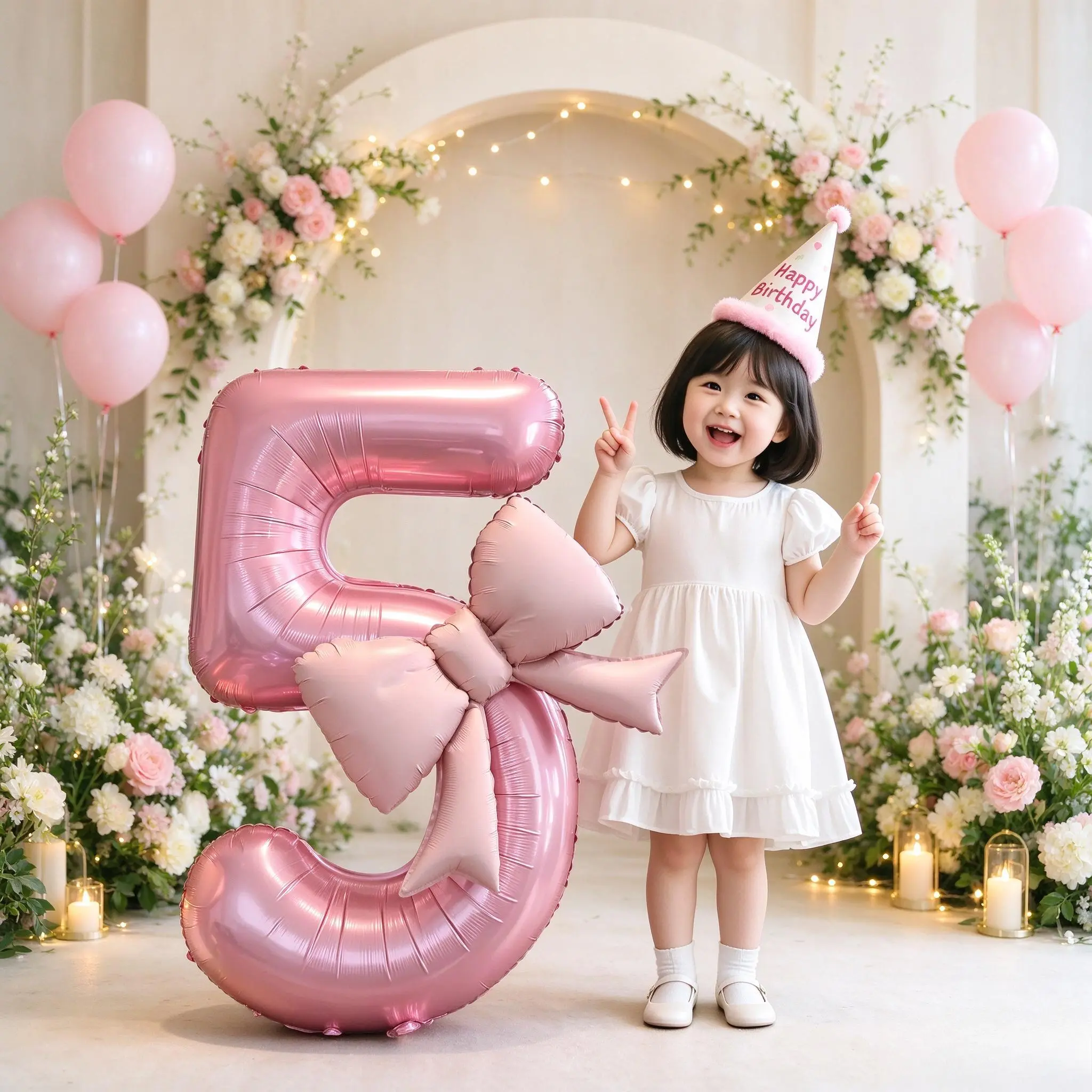 Pink Bow Number Foil Balloons 0-9, Large Mylar Digit Balloon, Sweet Girl Birthday Party Photo Backdrop Decorations