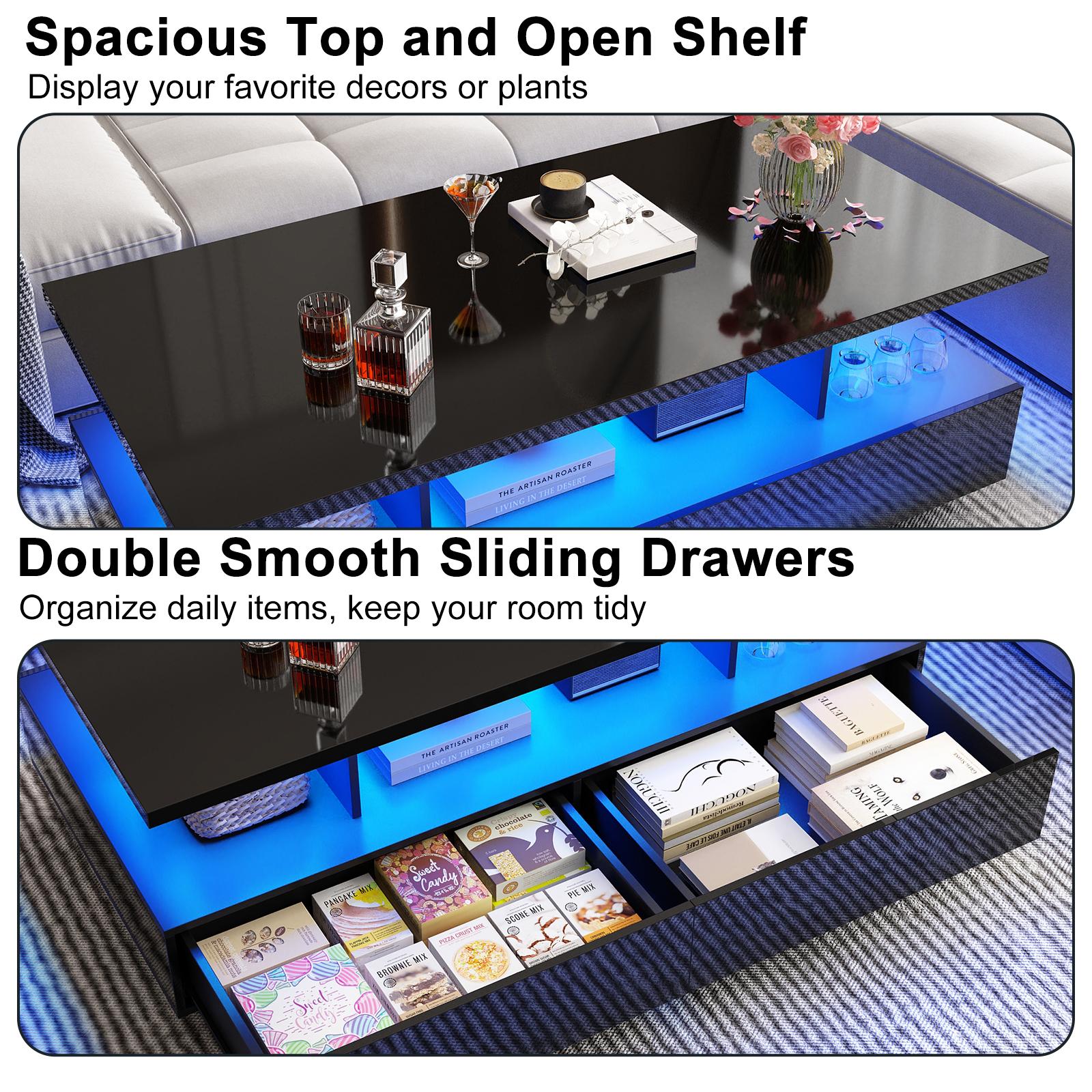 LED Coffee Table with 2 Storage Drawers, Modern High Gloss Black Coffee Table w/20 Colors LED Lights, 2 Tiers Rectangle Center Table for Living Room with Marbling Print, APP Control, Black/White