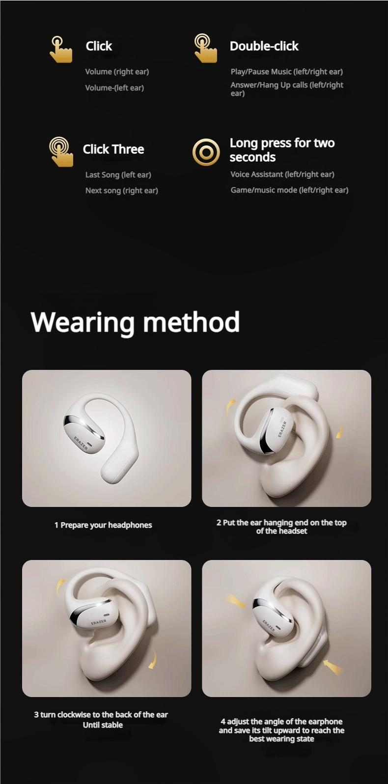 ERAZER OWS True Wireless Open Ear Earphones Bluetooth 5.4 ENC Noise Cancelling Headphones HiFi Sound Touch Control Long Playtime Not In Ear Earphones Waterproof Over Ear Wireless Headset for Working Music Movie Electronic Audio& Video Earbuds