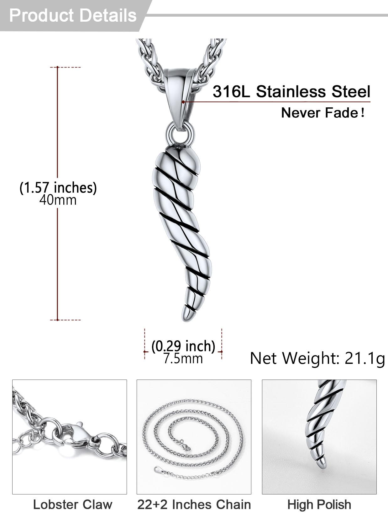 U7 Italian Horn Pendant for Men Women Cornicello Necklace 316L Stainless Steel Men Jewelry