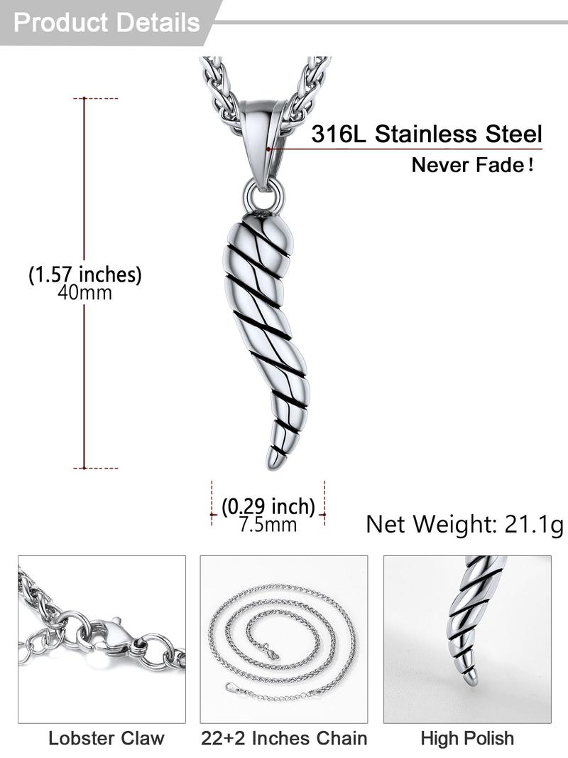 U7 Italian Horn Pendant for Men Women Cornicello Necklace 316L Stainless Steel Men Jewelry