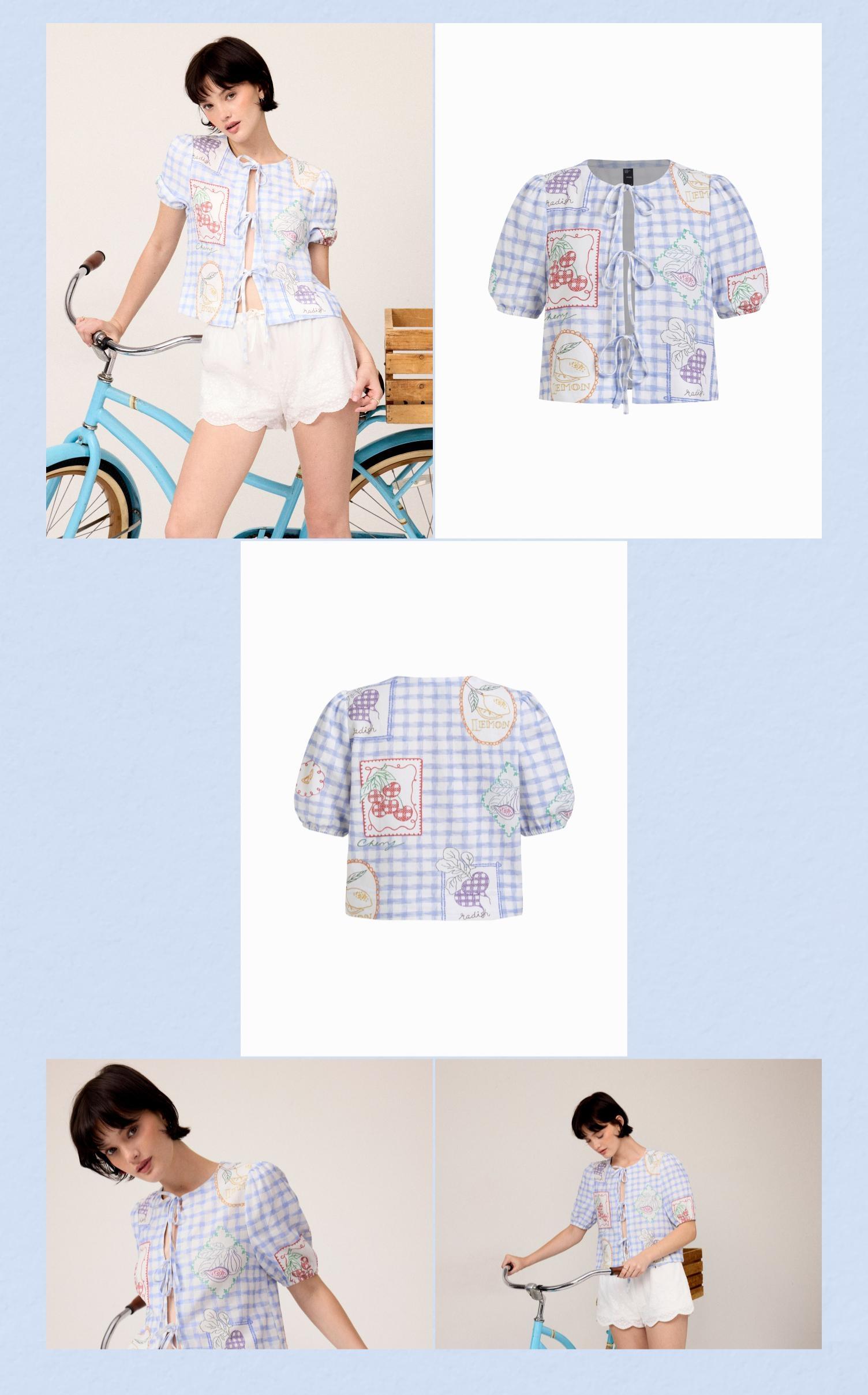 Cider Linen-blend Gingham Fruit Graphic Tie Front Puff Sleeve Oversized Blouse