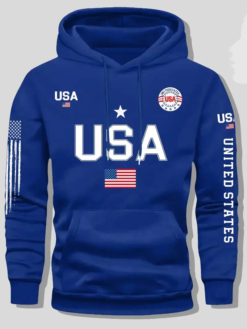 USA flag print hoodie men's fleece sweatshirt, United States letter print unisex casual knit fabric pullover for students and couples fashion hoodie for autumn and winter, 2025 spring pullover hooded sports hoodie