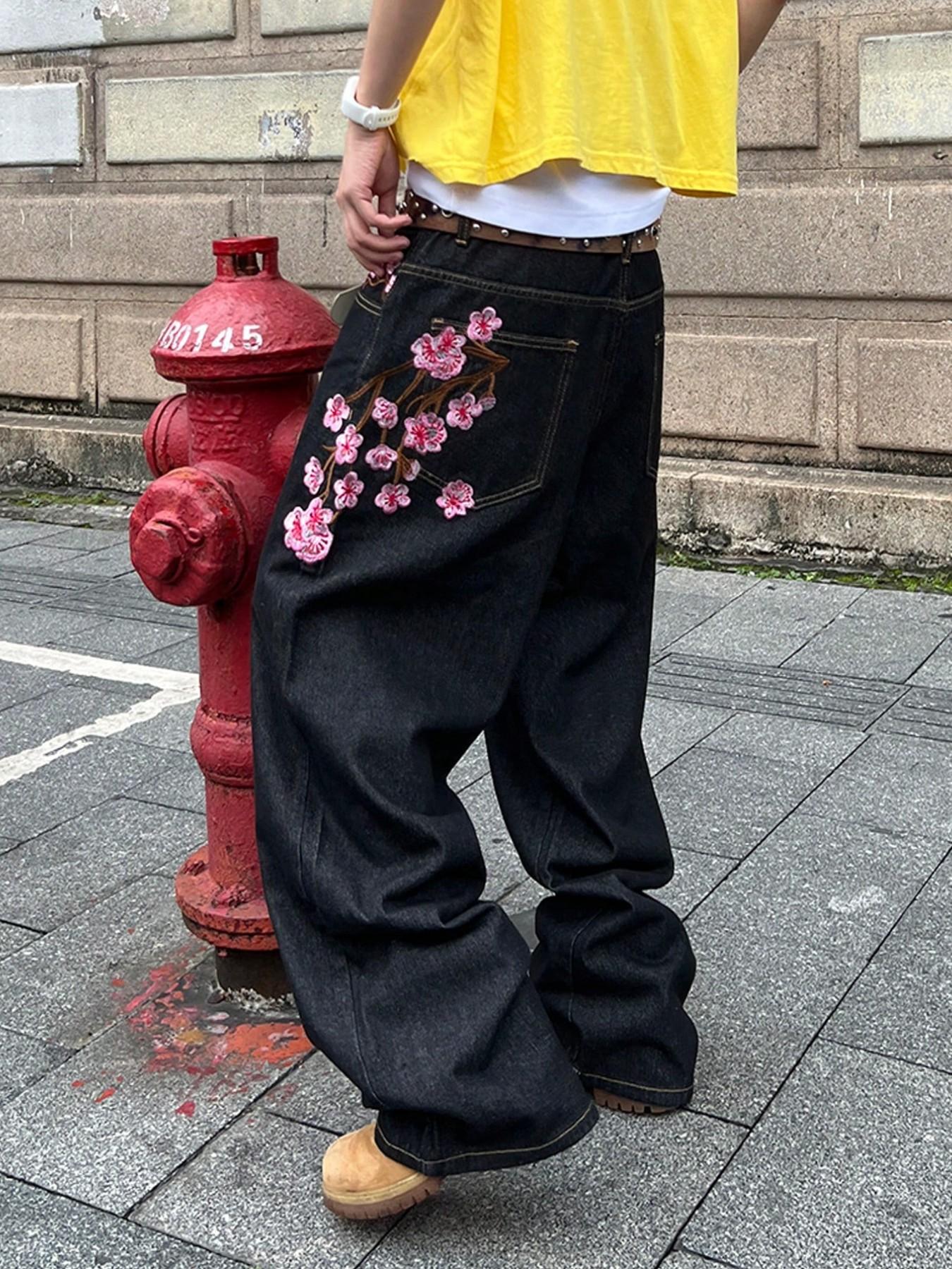 Men's Vintage Y2K Style Loose Wide Leg Jeans, Sakura Embroidered