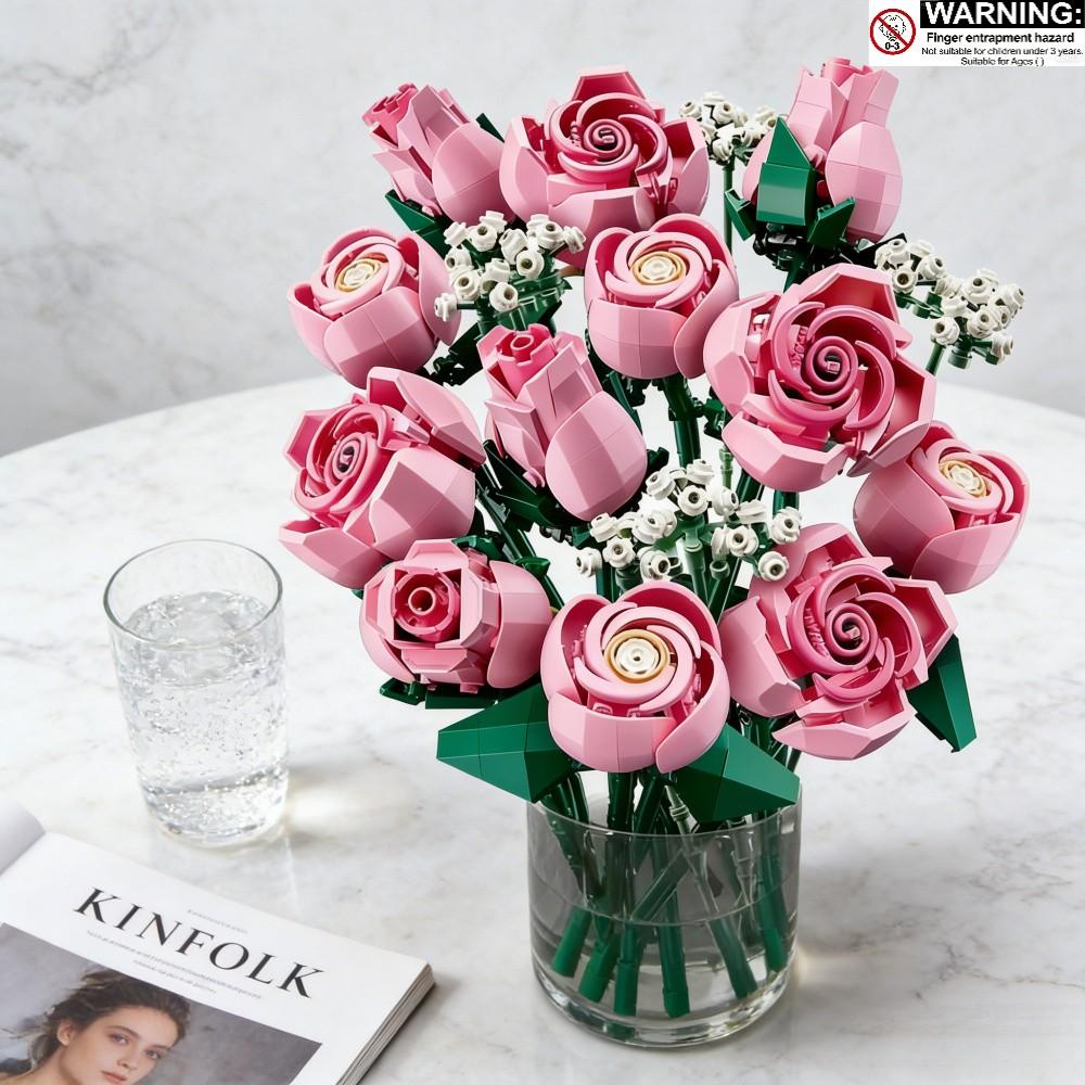 822PCS Pink Roses Flower Building Blocks Rose Bouquet Building Kit Artificial Flowers Building Set Botanical Collection Building Blocks Home Decor Flower Brick Set  Bouquet Building Blocks Set Valentine's Day Gift, Mother's Day Gift, Birthday Gift for Her