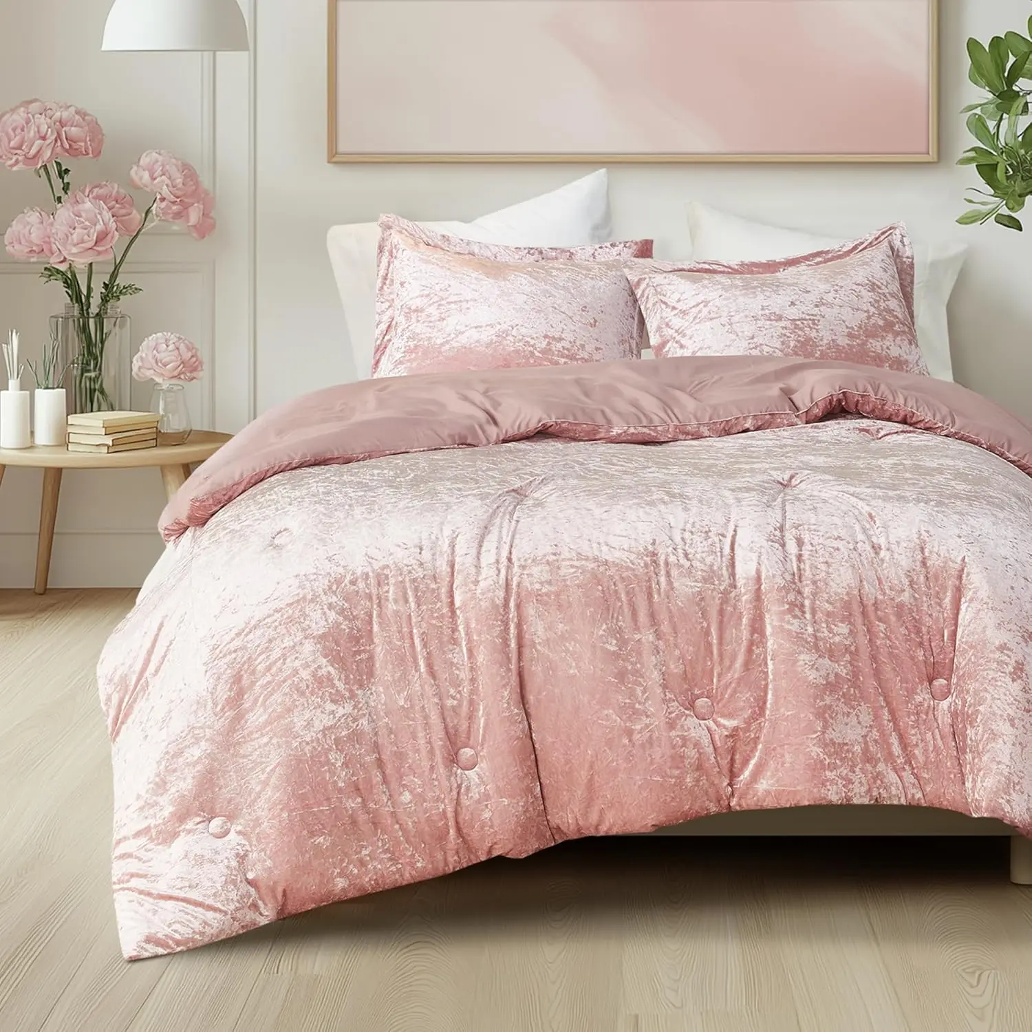 Juliette Luxe Comforter Set Velvet Lush with Soft Brushed Microfiber Reverse, All Season Cozy Velvet Bedding Sets, Comforter Bed Set, Matching Sham, Blush Full/Queen 3 Piece