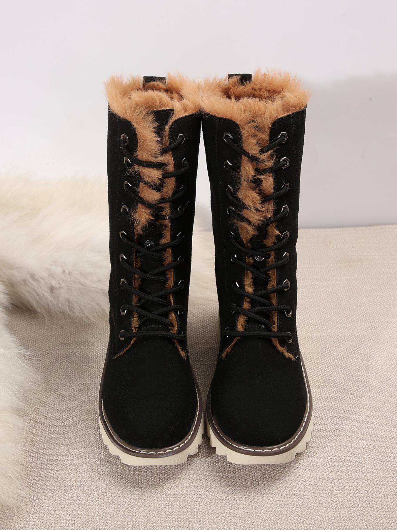 【Size Runs Small】 Women's Solid Color Boots, Fashionable Warm Boots for Winter Holiday Gift, Non-slip Outdoor Snow Boot Shoes for Women & Girls, Fur Boots for Women