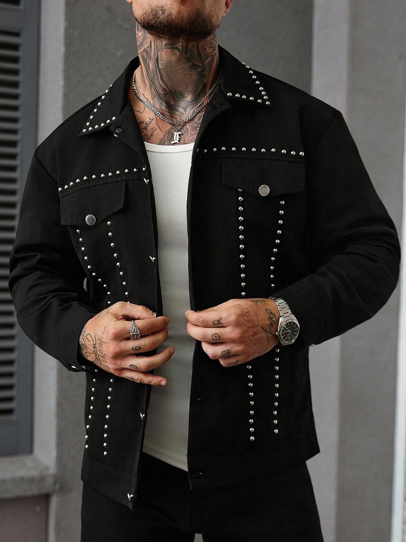 Men's Rivet Decorated Collar Work Jacket, Punk Street Style, Metal Rivets, Button Front, Pockets, Long Sleeve, Fall & Winter
