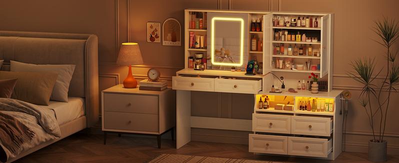 Vabches 58.6" Large Vanity Desk with Sliding Mirror & Lights, Black Makeup Vanity Table & Nightstand Combo with Power Outlet and 6 Drawers 15 Shelves with Light Strips for Bedroom Dressing Room