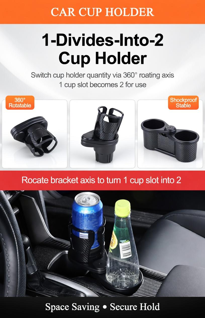 2-in-1 Rotating Car Cup Holder Carbon Fiber Black - Double Layer Expandable Drink Holder with Extra Storage Tray, Universal Fit Most Vehicles