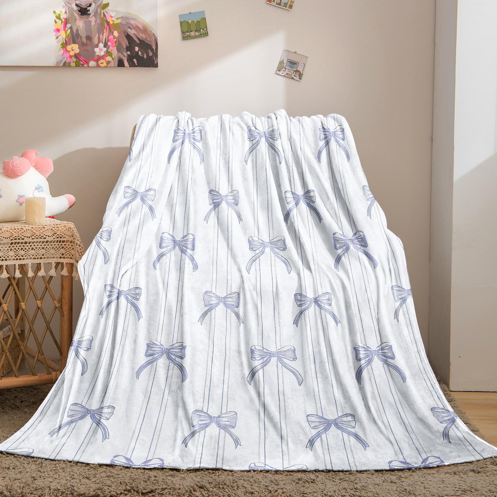 Cute Bow Knot Throw Blanket, Kawaii Pastel Ribbon Soft Flannel Blanket for Sofa Bed, Cozy Gift for Girls Women